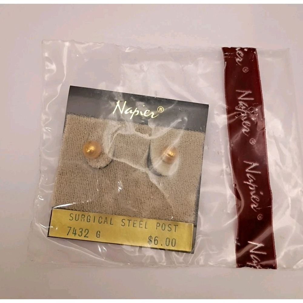 Vintage Signed Napier Gold Tone Ball Earrings Surgical Steel Post